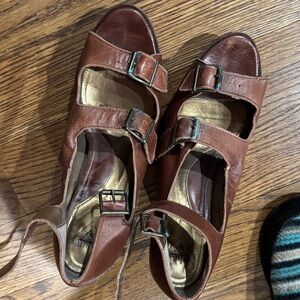 John Fluevog Chestnut Leather High Heeled, Platform Sandals